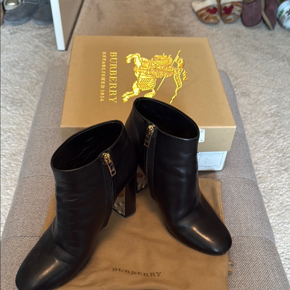 Burberry Black Ankle Boots with Gold Accents